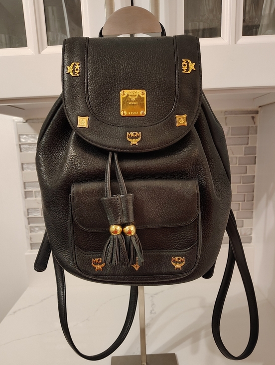 MCM Handbags - MCM Black Leather Visetos Logo Backpack with Gold Hardware